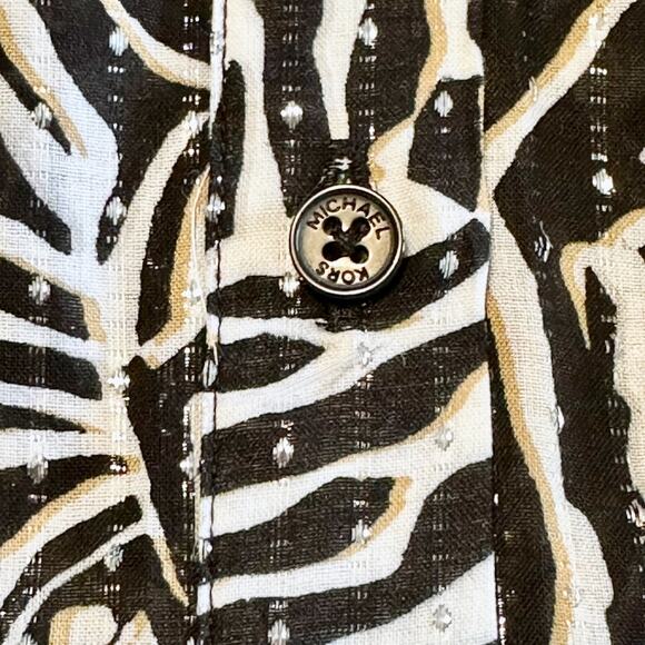 Michael Kors Black Zebra Print Button Up Blouse Large Tunic Top Tie Front V Neck - Picture 7 of 10